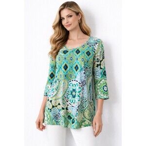 Chico’s Ultimate Tee 2 L Green Blue Geometric Tunic Top 3/4 Sleeve Boho Artistic